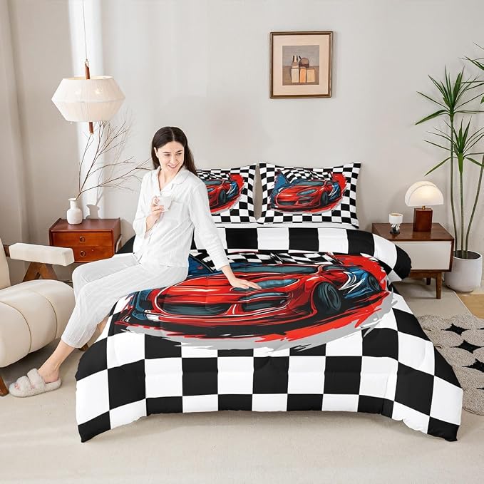 Erosebridal Racing Car Comforter Set, Dirt Bike Down Comforter,Cartoon Race Car Competition Extreme Sports Game Duvet Set for Kids Boys Teens Men, Red Automobile Quilted Duvet Decor 3 Pcs Queen Size - Image 4