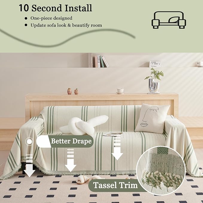 DREAMINGO Couch Cover Reversible Chenille 3 Seat Sofa Covers for Dogs Pets Beige Green Couch Protector for 3 Cushion Couch Sofa Vertical Stripe Jacquard Sofa Slipcover Sectional, 71"x134" - Image 3