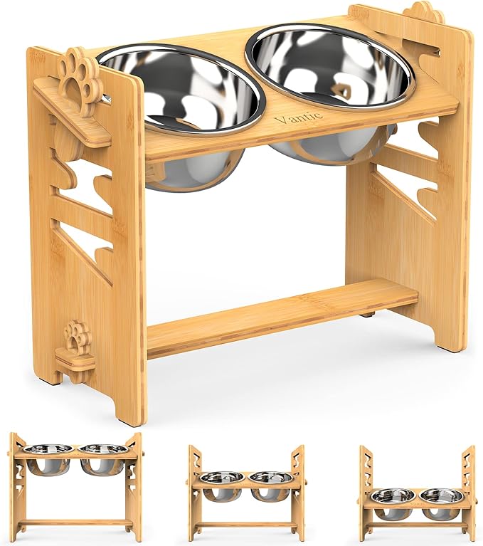 Vantic Elevated Dog Bowls, Adjustable Bowl Stand Large/XLarge, Natural | Bamboo Elevated Feeder with 2 Stainless Steel Bowls, Adjustable Height Stand for Large and Extra-Large Dogs by Vantic