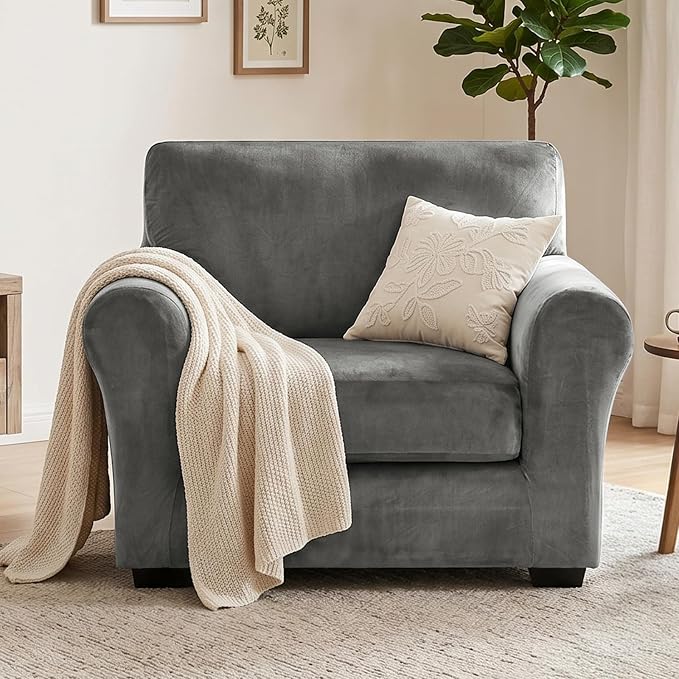 XINEAGE 2-Piece Velvet Armchair Sofa Cover, Couch Covers for Dog,Gray | 1 Cushion Chair,Stretch Non-slip Elastic, Pet-friendly, Washable, Fast Setup, Soft Plush Fabric, Furniture Protector. - Image 4