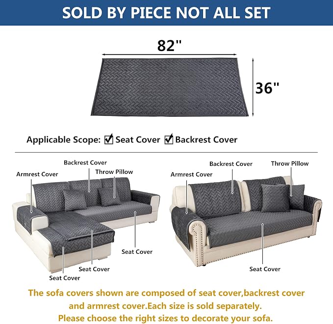 Eismodra Couch Cover,Sectional Couch Covers,Sofa Covers for 3 Cushion Couch,Anti-Slip Sofa Slipcovers for Dogs Cats Kids Loveseat Recliner L Shaped Armrest Backrest,Dark Gray 36''x82''(Only 1 Piece) - Image 5