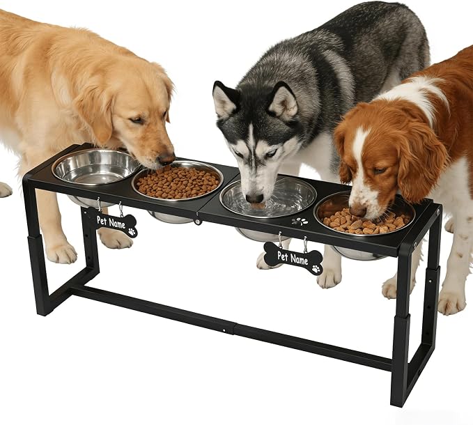 Metal Elevated Dog Bowls for Medium/Large Breed, 3 Adjustable Height(8.8"/11.5"/14") Raised Dog Bowls Stand with Four 58oz Stainless Steel Bowls, for Neck & Joint Protection by FLODOMIXHOME