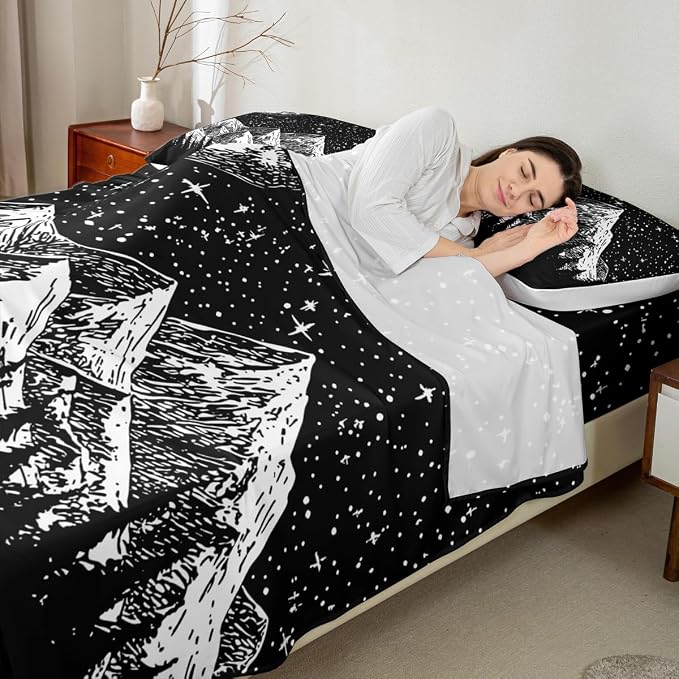 Sun Moon Bed Sheets Full Size 4Pcs Abstract Sun Stars Sheet Set for Kids Boys Mystic Chic Boho Flat Sheet Teens Adult, Mountain Tree Sketch Bedroom Decor Fitted Sheet with 2 Pillowcases,Black White - Image 4