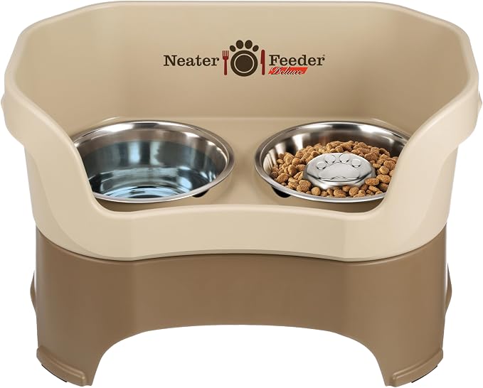 Neater Feeder Deluxe Mess Proof Dog Bowls Elevated for Large Breeds – Made in USA – No Spill Raised Slow Feeder Elevated Dog Bowl Stand, Stainless Steel Food and Water Bowl Set, Cappuccino by NeaterPetBrands