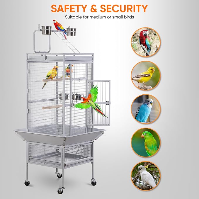 ZENY 61-inch Large Parrot Cockatiel Bird Cages with Wrought Iron Play Top, Aviary with Rolling Stand for Sun Parakeet Quaker Conure Lovebird Budgie Finch African Grey White Birdcage (White) - Image 6