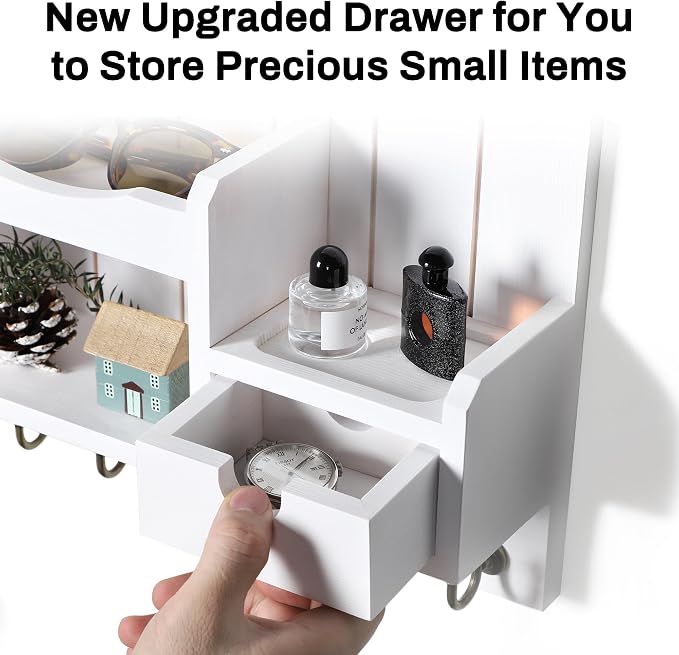 DOPACE Handcrafted Pine Wood Mail Organizer & Key Holder, White | Hand-polished natural pine wood with storage drawer & 6 hooks, Fine spray paint finish, Easy wall mount - Image 5