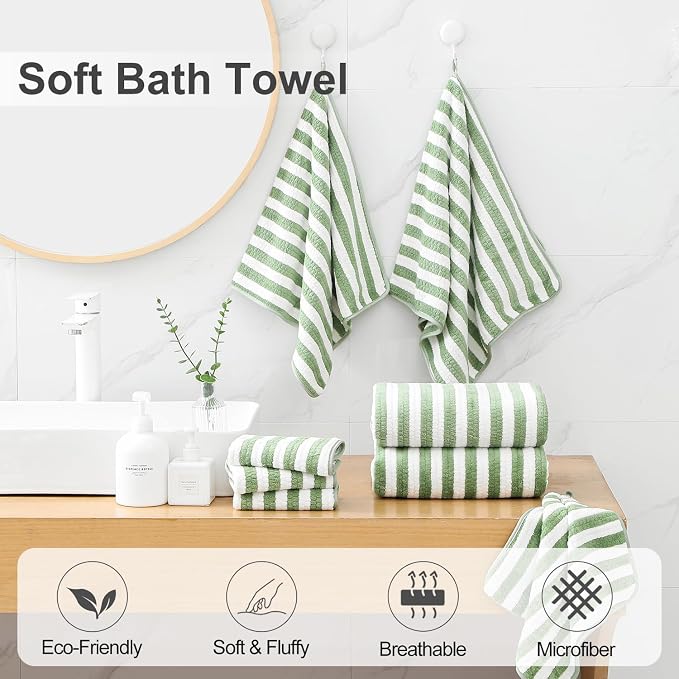 Smuge 18 Pcs Bath Towel Set, Include 6 Bath Towel Sheets, 6 Hand Towels and 6 Washcloths - Highly Absorbent Quick Dry Microfiber,Ultra Soft Bathroom Towel Set with Hanging Loop - Light Green - Image 3
