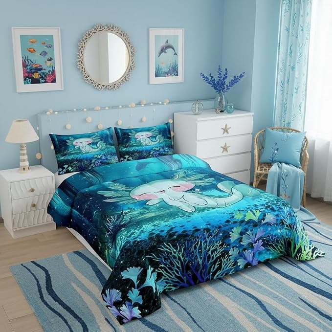 Manfei Cartoon Axolotl Twin Size Comforter Set,Cute 3D Ocean Animal Quilt Set Soft Bed Collection,Blue Seaweed Plant Bedding Comforter for Boys Girls Kawaii Bedroom Decor,2 Pcs by Manfei