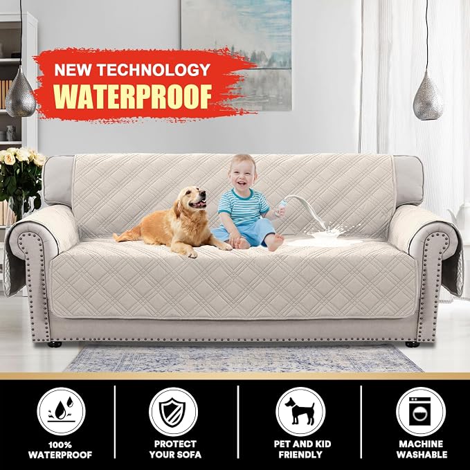 PrinceDeco 100% Waterproof Couch Cover for 3 Cushion Couch Sofa Pet Friendly Non-Slip Couch Cover for Dogs Washable Water Resistant Furniture Protector with Elastic Straps(XL Sofa 78", French Oak) - Image 2