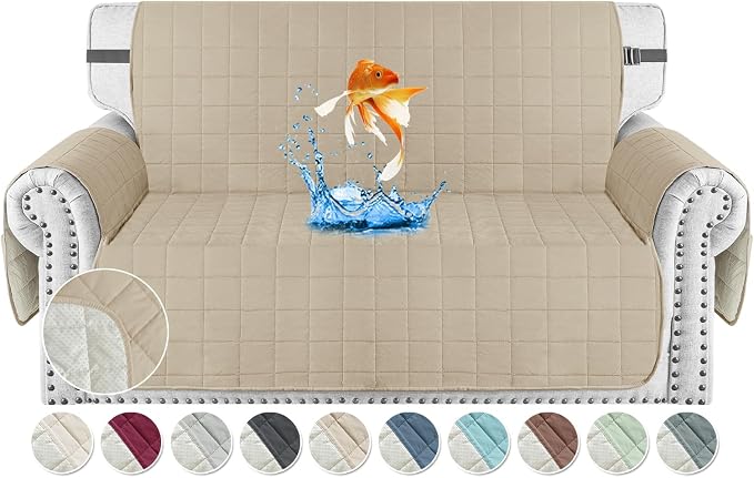 MAXIJIN Waterproof Love Seat Couch Covers 2 Cushion Sofa, 49" Quilted Loveseat Cover Slipcovers for Pets Dog Couch Cover Protector with Elastic Strap & Side Pocket (Loveseat, Khaki) by MAXIJIN