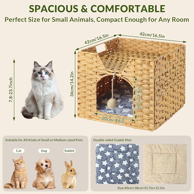 Handwoven Rattan Cat Bed Indoor Kitten, Cat Bed Cave with Cushion, Sisal Ball & S-Shaped Hooks, Foldable Hideaway Cat House for Bedroom Living Room, Natural - Image 2