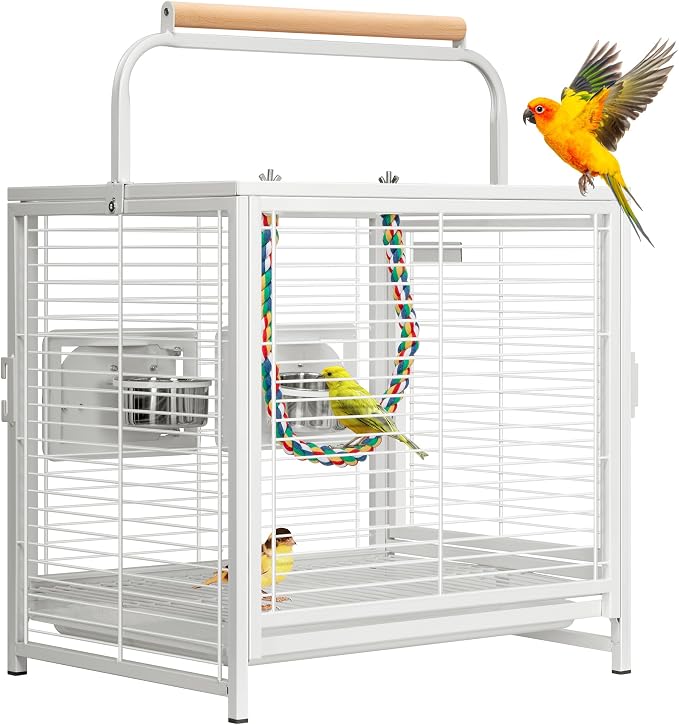 VIVOHOME 19 Inch Wrought Iron Travel Bird Cage for Cockatiel Parakeets | Bird Travel Carrier Cage with Wooden Handle/Perch, Slide-out Tray for Small Parrots Conures Lovebirds Canaries Finches, White by VIVOHOME