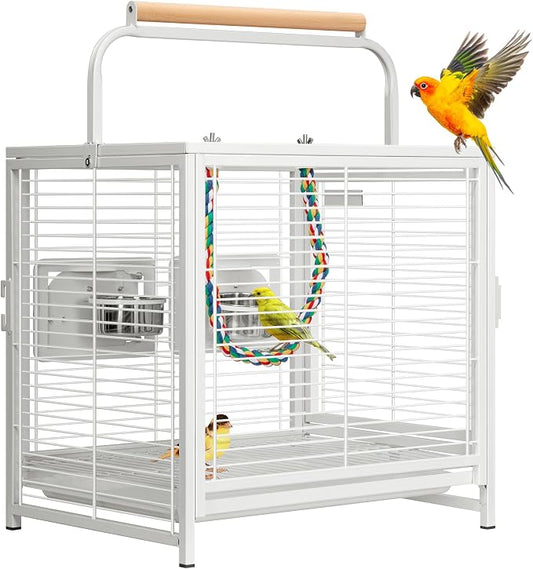 VIVOHOME 19 Inch Wrought Iron Travel Bird Cage for Cockatiel Parakeets | Bird Travel Carrier Cage with Wooden Handle/Perch, Slide-out Tray for Small Parrots Conures Lovebirds Canaries Finches, White by VIVOHOME