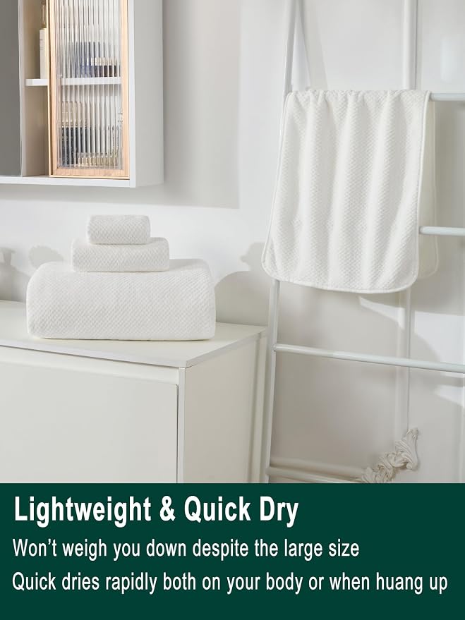 Extra Large Bath Sheet Set 3-Piece, 1 Bath Towel 40x80 Inches, 1 Hand Towel, 1 Washcloth, Soft Absorbent Quick Dry Microfiber Towel for Bathroom Beach Pool Gym Spa, White - Image 5