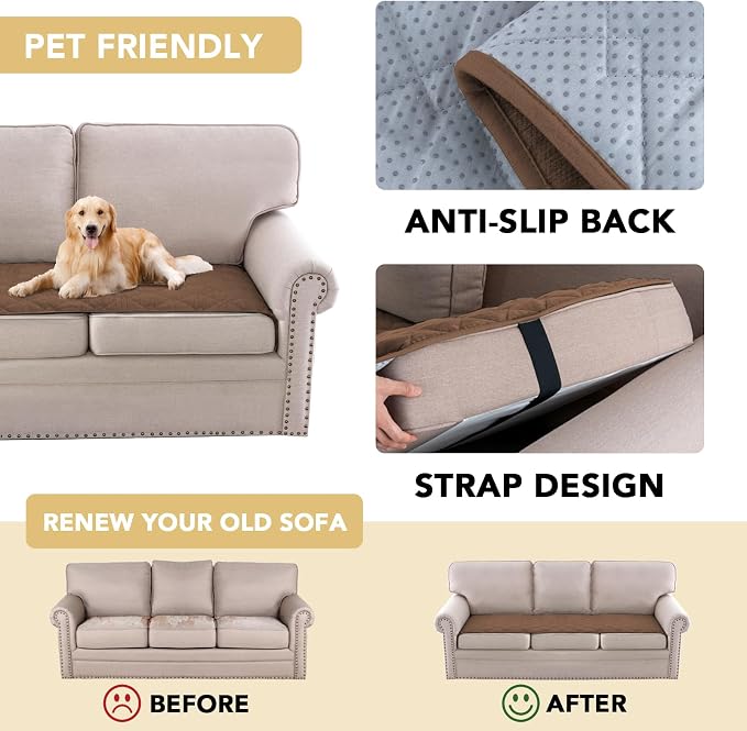 H.VERSAILTEX Couch Cover Chenille Pet Fuzzy Sofa Covers for 3 Cushion Couch Anti Slip Washable Sofa Slipcovers with Strap Soft Couch Protector Cover for Dogs Cats Kids(27.6" x 71", Coco Mocha) - Image 4