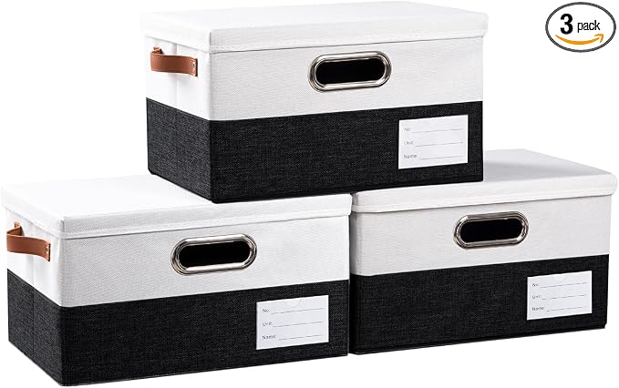 PRANDOM Storage Bins with Lids [3-Pack] Linen Fabric Foldable Storage Boxes Organizer Containers Baskets Cube with Cover for Bedroom Closet Office Black & White（11.4X8.6X6.7 by Prandom