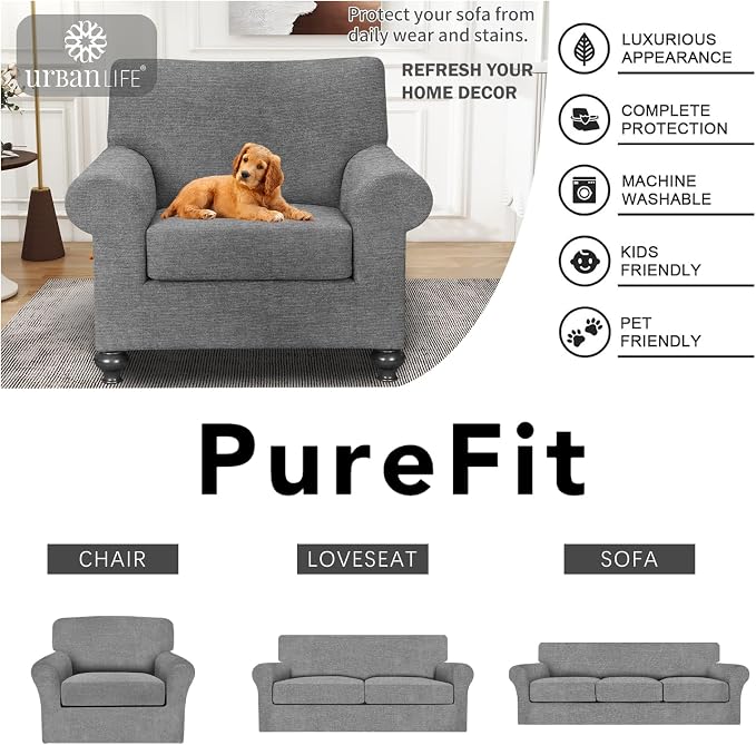 URBANLIFE 2-Piece Stretch Sofa Covers for 1 Cushion Couch, Light Gray | Super fitted spandex slipcovers for couches. Non-slip elastic bottom. Machine washable furniture protector for kids & pets. - Image 7