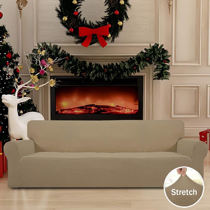 Easy-Going Stretch 4 Seater Sofa Slipcover 1-Piece Sofa Cover Furniture Protector Couch Soft with Elastic Bottom for Kids, Polyester Spandex Jacquard Fabric Small Checks Tan | 1-Piece Extra X-large Sofa Cover Furniture Protector Couch Soft with Bottom ... - Image 2