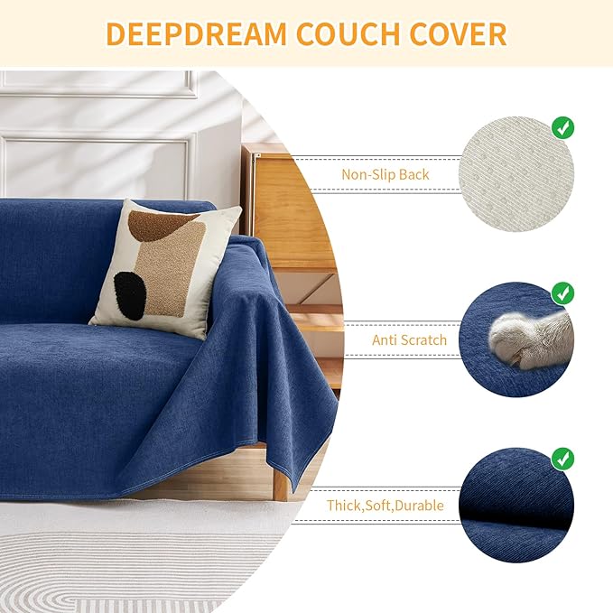 Deep Dream Cat-Scratch Resistant Couch Cover, Waterproof Sofa Cover for 3 Cushion Couch Washable, Pet Friendly Couch Protectors Anti Slip Thickened Love Seat Slipcovers for Dogs Pets,91" x 118",Blue - Image 3