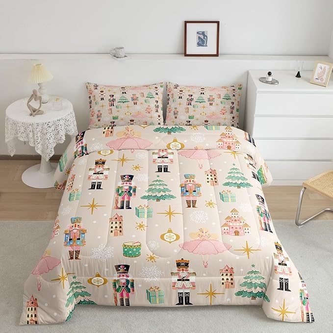 Erosebridal 7Pcs Beige Christmas Comforter Set Queen Size,Princess Nutcracker Bedding Set,Xmas Tree Snow Bed in A Bag for Kids Boys Girls,Starry Sky Christmas Decoration Quilt with Flat Fitted Sheet - Image 2
