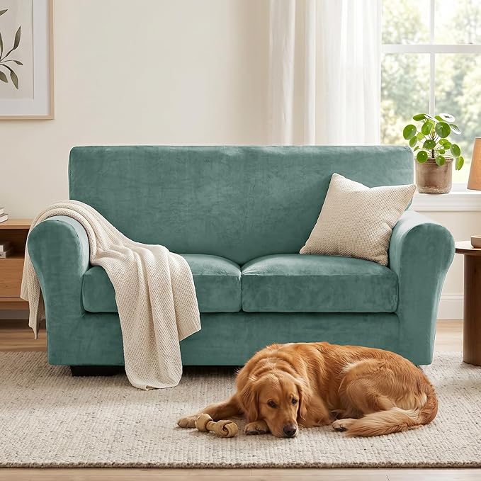 XINEAGE 3-Piece Velvet Loveseat Sofa Cover,Couch Covers for Dog,Light Green | 2 Cushion Loveseat,Stretch Non-slip Elastic, Pet-friendly, Washable, Fast Setup, Soft Plush Fabric, Furniture Protector. - Image 4