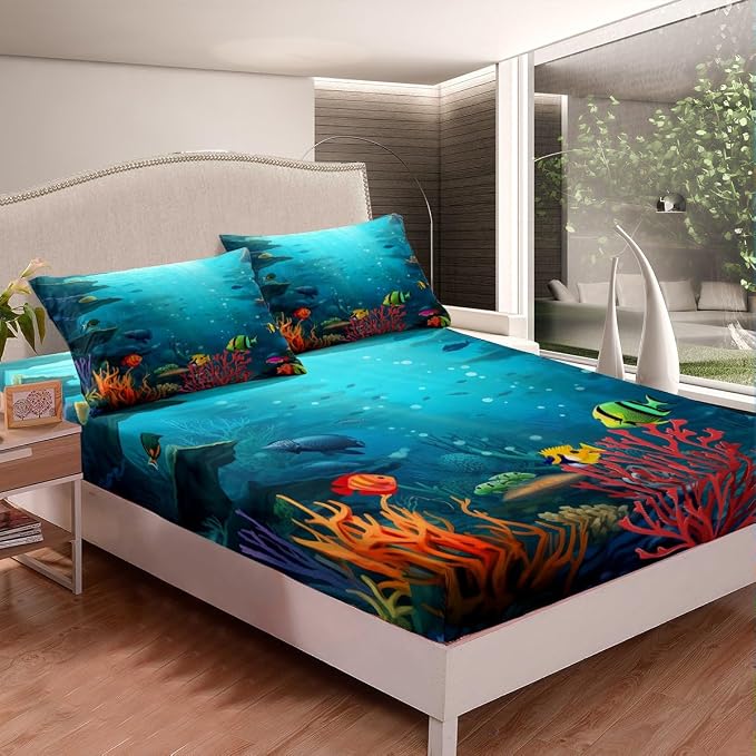 Underwater World Bedding Set,3D Sea Turtle Tropical Fish Coral Bed Sheet Set for Kids Boys Girls Adults,Sealife Ocean Creature Fitted Sheet,Aquatic Animal Flat Sheet 4Pcs Soft Sheet Set,Full Size - Image 4
