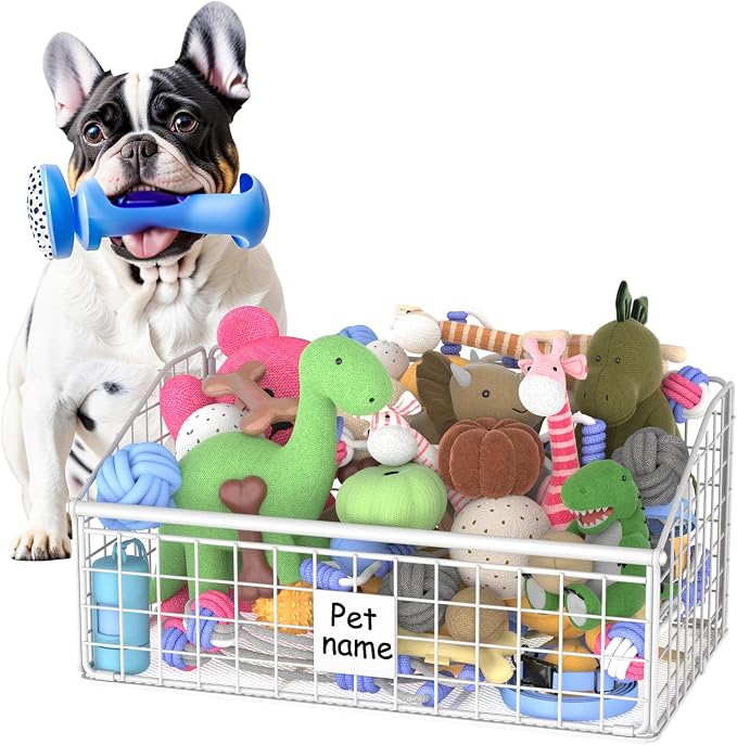 Kaiferty Indestructible Dog Toy basket, Medium Toy Box for Dogs,Pet Toy Bin Dog Metal Basket for Toys, Dog Toy Storage, Dog Storage Organizer,Dog Toy Box for Living Room Area (White) by Kaiferty
