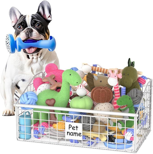 Kaiferty Indestructible Dog Toy basket, Medium Toy Box for Dogs,Pet Toy Bin Dog Metal Basket for Toys, Dog Toy Storage, Dog Storage Organizer,Dog Toy Box for Living Room Area (White) by Kaiferty