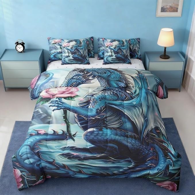 Erosebridal Floral Dragon Comforter Sets with Sheets - Magical Animal Bedding Set Queen for Boys Girls Pink Rose Dragon Theme 7Pcs Bed in A Bag Cute Wildlife Bed Set by Erosebridal