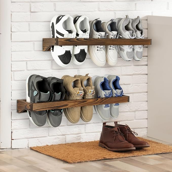 MyGift 30 Inch Rustic Burnt Wood Wall Shoe Rack Set of 4 Holds 12 Pairs | Solid Wood Construction, Vertical Space Saver, Four Piece Configuration, Quick Access Design, Organized Entry Solution - Image 4