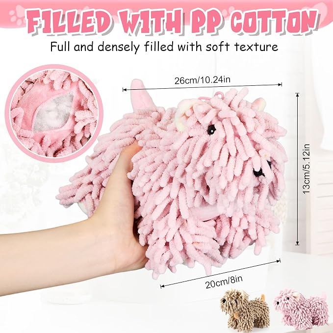 Tegeme 2 Pcs Chenille Dog Hand Towel Fuzzy Towel Absorbent Microfiber Soft for Bathroom Kitchen Washstand (Pink Brown,Standing Dog) - Image 2
