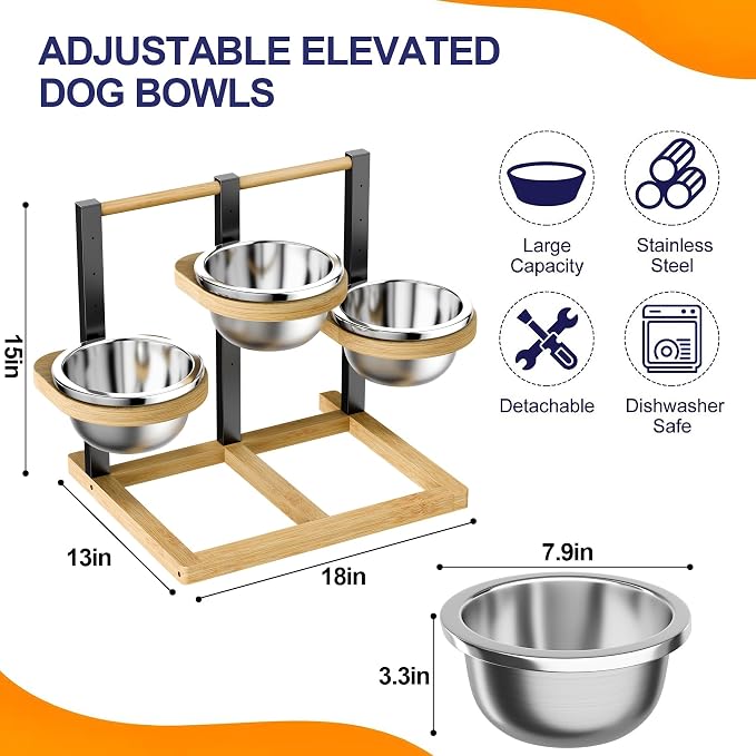 Elevated Dog Bowl,Bamboo Raised Dog Bowl,5-Height | Adjustable Dogs Food Bowls Stand,Dog Feeding Station with 3 Food and Water Bowls for Medium,Large Dogs - Image 7