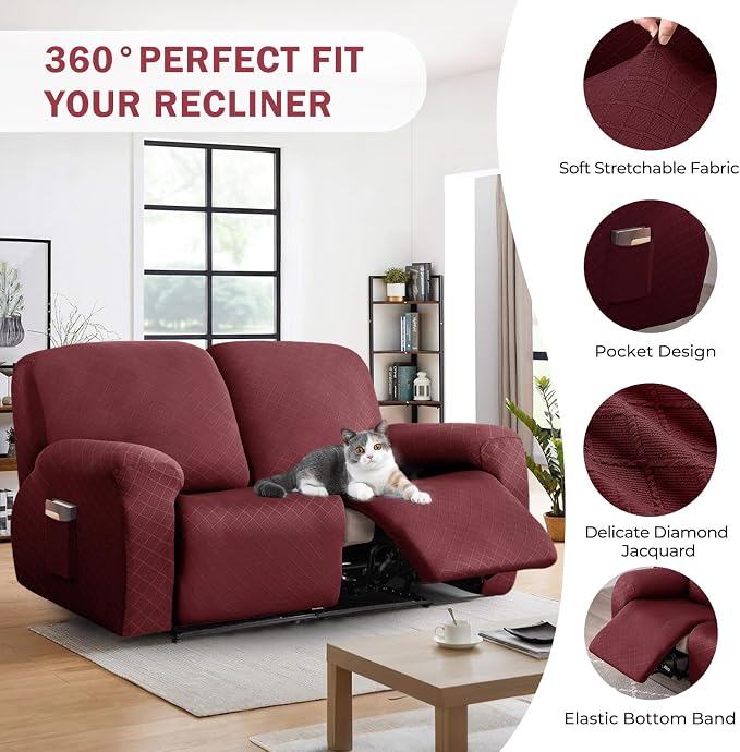 vctops Diamond Recliner Loveseat Slipcover 6-Pieces Stretch Dual Recliner Sofa Covers for 2 Seat Dual Reclining Loveseat Couch Soft Solid Furniture Protector (Wine Red,2 Seat) - Image 4