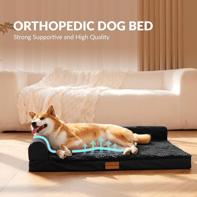 Patas Lague Orthopedic Large Dog Bed Pet Sofa Beds 42''X28''Black | L Bolster Egg-Crate Foam Dog Couch For Large Sized Dogs, Waterproof Removable Washable Cover, Pet Mat with Nonskid Bottom - Image 3
