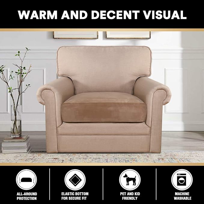 PrinceDeco Stretch Velvet Couch Cushion Cover,Soft Cushion Slipcover for Chair Cushion Furniture Protector Seat Cushion Sofa Cover Width Up to 29.5", Camel - Image 3