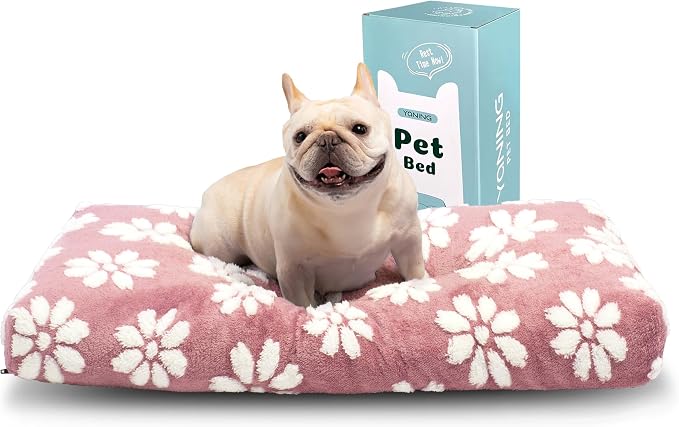 Cute Fluffy Dog Beds for Small Medium Dogs, 30"x 20", Pink Flower | Thick Dog Bed for Crate Kennel, Pet Bed with Removable Washable Cover, Anti-Slip Bottom by Yaning
