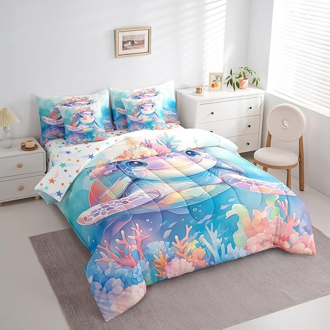 Erosebridal Tortoise King Size Comforter Set with Sheets, Ocean Animal Bed in A Bag for Kids Teens Youth Adults Bedroom, Underwater World Sea Animal 7 Pcs Bedding Set, Watercolour Coral Bed Sets - Image 2