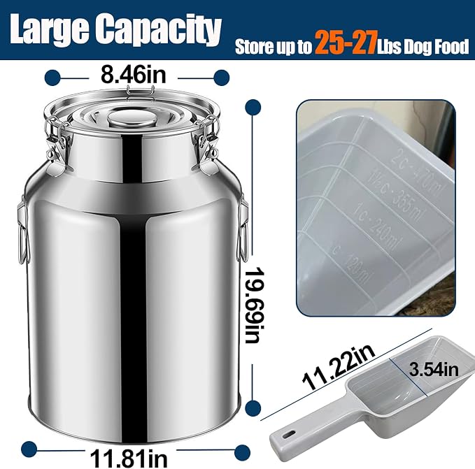 25 Lbs Stainless Steel Dog Food Storage Container with Scoop, Large Metal Dog Food Bin with Airtight Lid & Locking Clamp, Pet Food Container for Dogs & Cats, Keep Fresh, Easy to Clean - Image 3