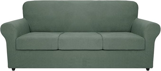 MAXIJIN 4 Piece Couch Covers for 3 Cushion Couch Super Stretch Sofa Cover for Dogs Pet Proof Fitted Furniture Protector Spandex Jacquard Non Slip Magic Couch Slipcover Washable (Large, Pea Green) by MAXIJIN