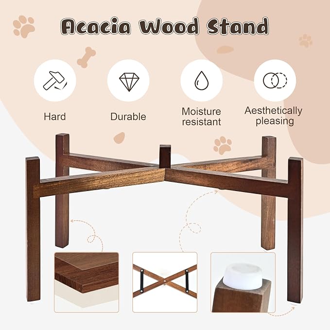 SPUNKYJUNKY Ceramic Elevated Dog Bowl Set with Acacia Wood Stand for Food and Water for Large Dogs (60.87 OZ, Black, Dog Paw Pattern) - Image 3