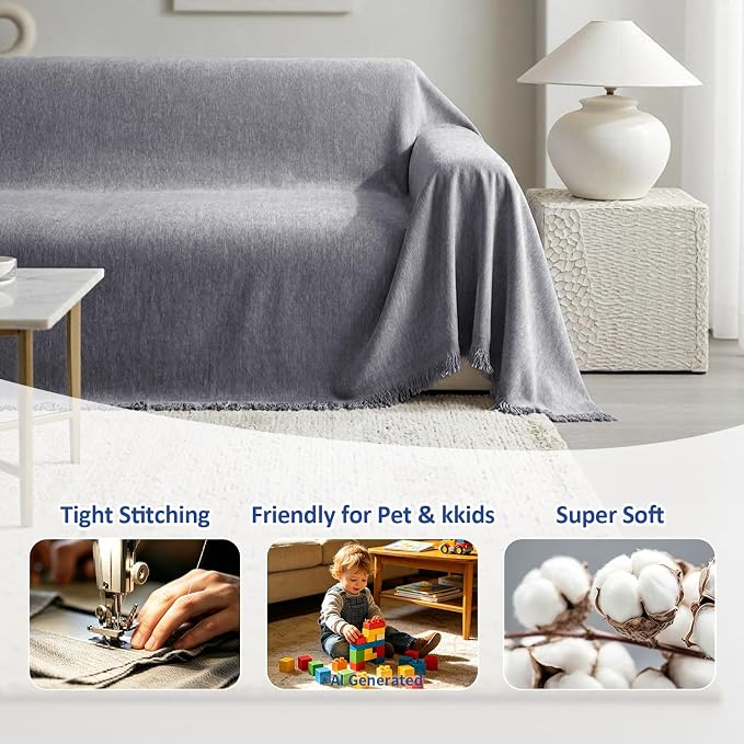 Chenille Couch Cover for Dogs, Boho Sofa Cover Washable Couch Cover, 3 Cushion Sofa Cover, Pet Throw Blankets for Couches with Tassel Furniture Protector Covers,71"×118",Gray - Image 6