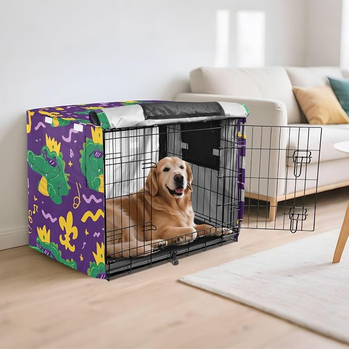 Dog Crate Cover Kennel Cover for Dog Cages Breathable for Wire Cage Indoor Outdoor Purple Mardi Gras Crocodile - Image 6
