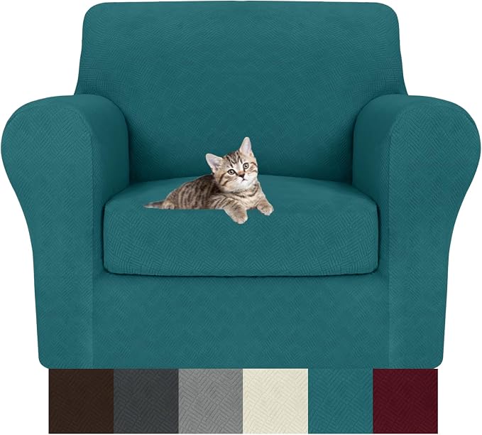 MAXIJIN 2 Piece Chair Covers Chair Slipcover with Arms, Sofa Chair Cover for Living Room Armchair Cover, Stretch Pet Dog Slip Cover for A Chair with 1 Cushion (31"-46", Teal) by MAXIJIN