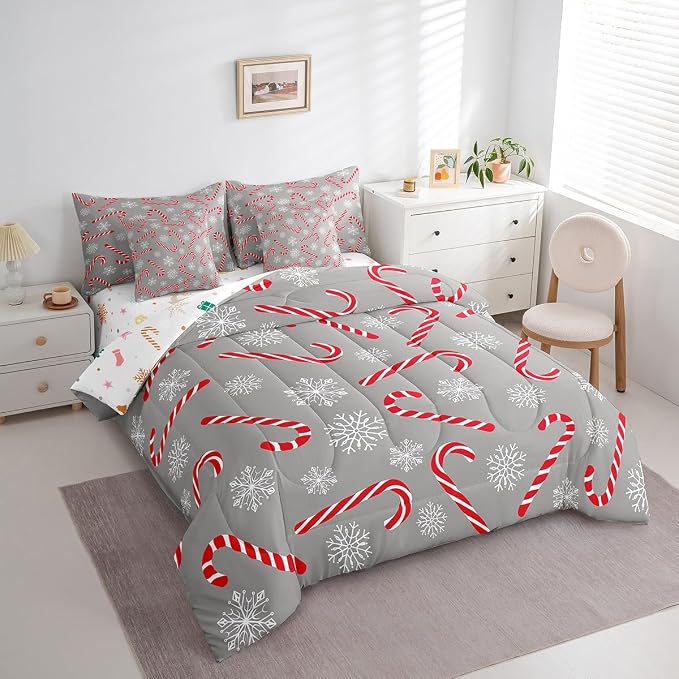 Erosebridal Xmas Candy Cane Twin Bedding Set 7 Piece,Merry Christmas Bed in A Bag for Kids Boys Girls,Winter Snowflake Comforter Set Grey Christmas Ornaments Sheet Set with Comforter - Image 4