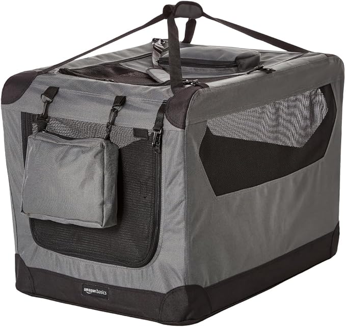 Amazon Basics Folding Portable Soft Pet Dog Crate Carrier Kennel with Fleece Pad, 30 x 21 x 21 inches, Grey