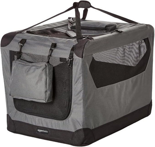 Amazon Basics Folding Portable Soft Pet Dog Crate Carrier Kennel with Fleece Pad, 30 x 21 x 21 inches, Grey