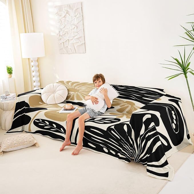 Erosebridal Black Tan Flower Sofa Cover Minimalist Floral Couch Cover Vintage Wildflower Sofa Slipcover for Couches and Sofas Modern Neutral Botanical Washable Non Slip Sofa Protector, 71" X 134" - Image 4