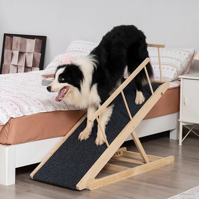 Dog Ramp for Bed Couch - Pet Steps Stairs to Get on Bed Couch 11.8"-27.5" High for Small or Large Dog Up to 200 lbs, Adjustable Wooden Dog Ramp Steps Foldable Portable, Anti-Slip Carpet (L-Natural)