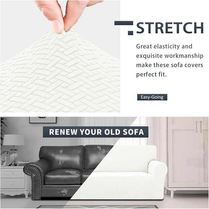 Easy-Going Stretch Jacquard Couch Cover, 1-Piece Soft Sofa Cover, Sofa Slipcover with Anti-Slip Foams, Washable Furniture Protector for Kids, Pets (Sofa, Cream) - Image 3