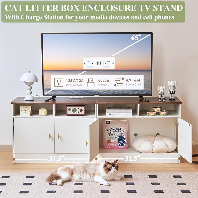 Cat Litter Box Enclosure for 2 Cats, TV Stand with Storage & Outlet, 63" Double Litter Box Enclosure Furniture, Wooden Enclosed Litter Box Cabinet, 63”L x 15.7”W x 23.6”H, White & Walnut - Image 5